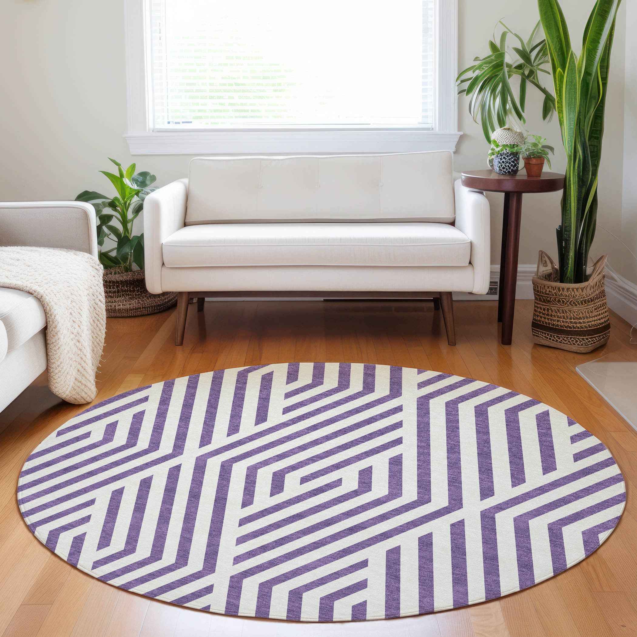 8' Purple And White Round Geometric Washable Indoor Outdoor Area Rug
