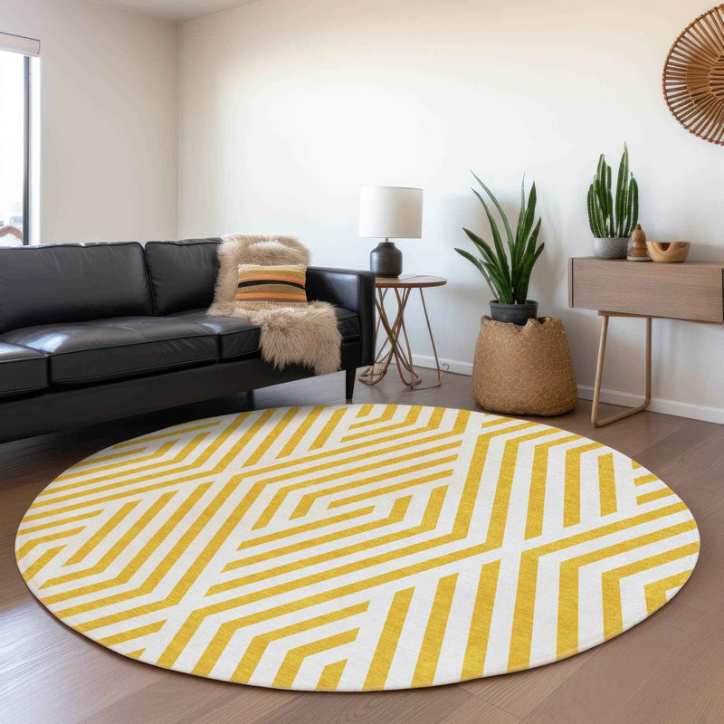 8' Round Gold and White Round Geometric Washable Non Skid Indoor Outdoor Area Rug
