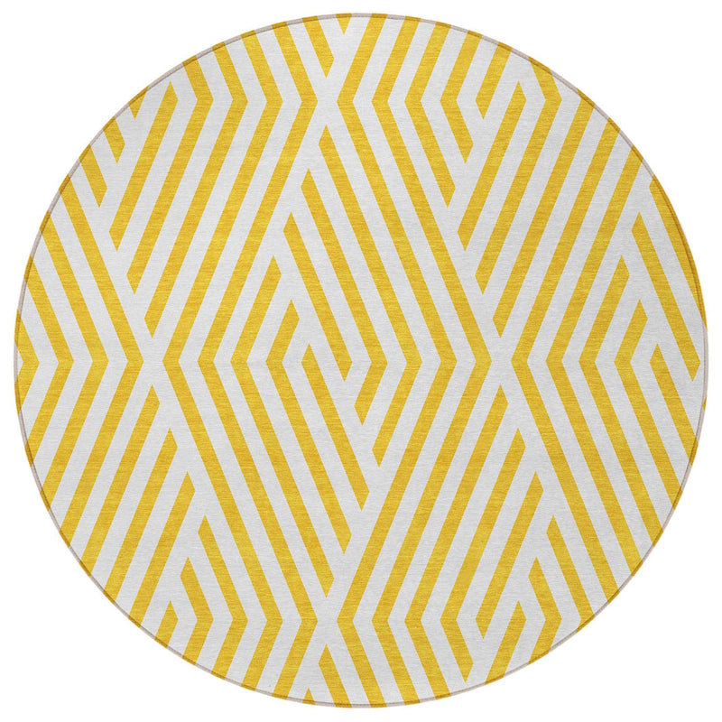 8' Round Gold and White Round Geometric Washable Non Skid Indoor Outdoor Area Rug