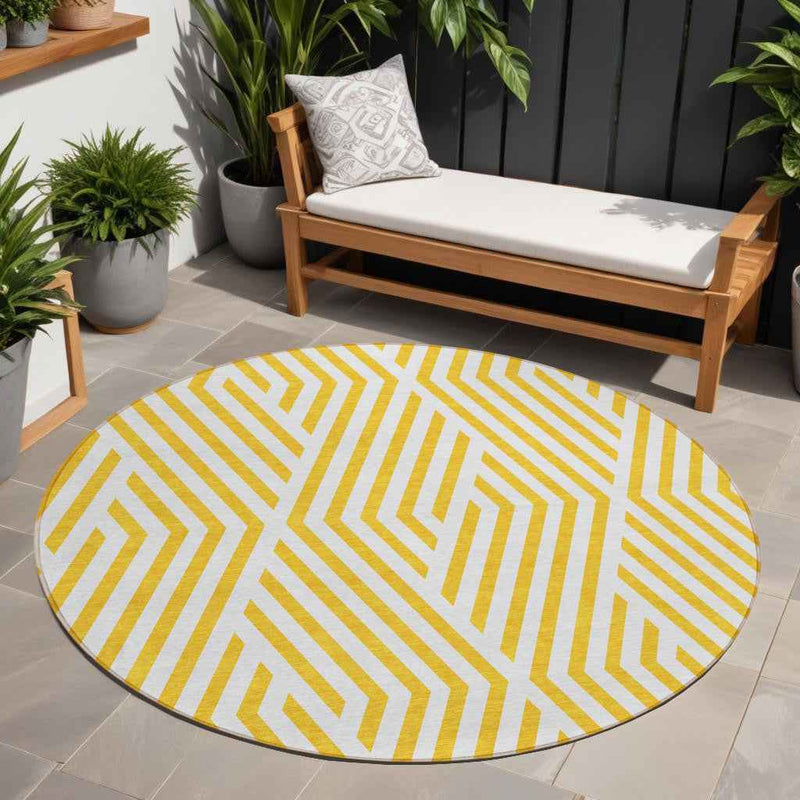 8' Round Gold and White Round Geometric Washable Non Skid Indoor Outdoor Area Rug