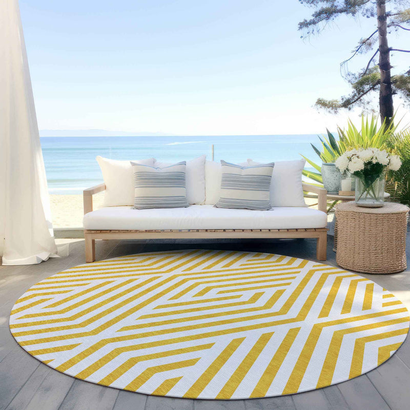 8' Round Gold and White Round Geometric Washable Non Skid Indoor Outdoor Area Rug