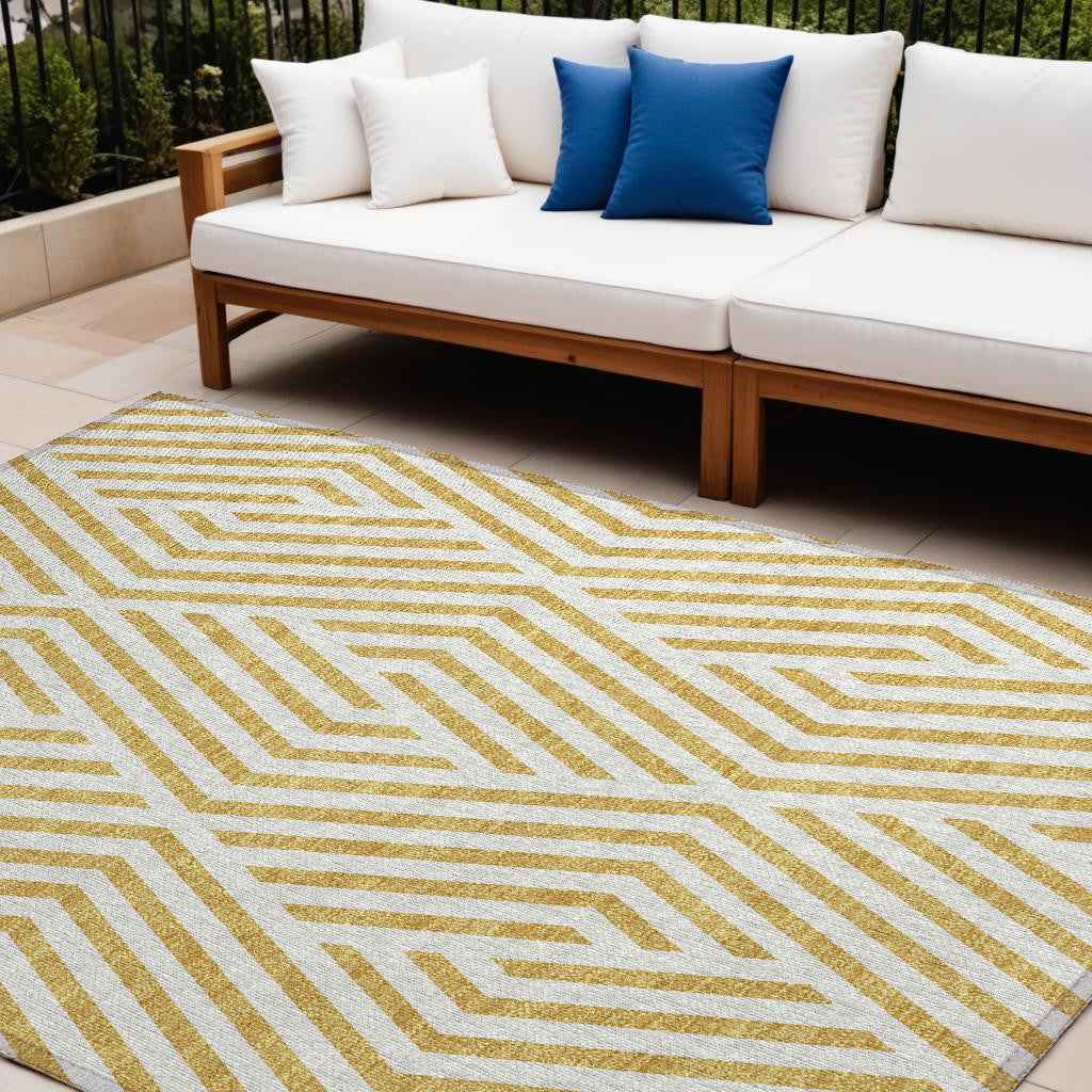10' X 14' Gold and White Geometric Washable Non Skid Indoor Outdoor Area Rug