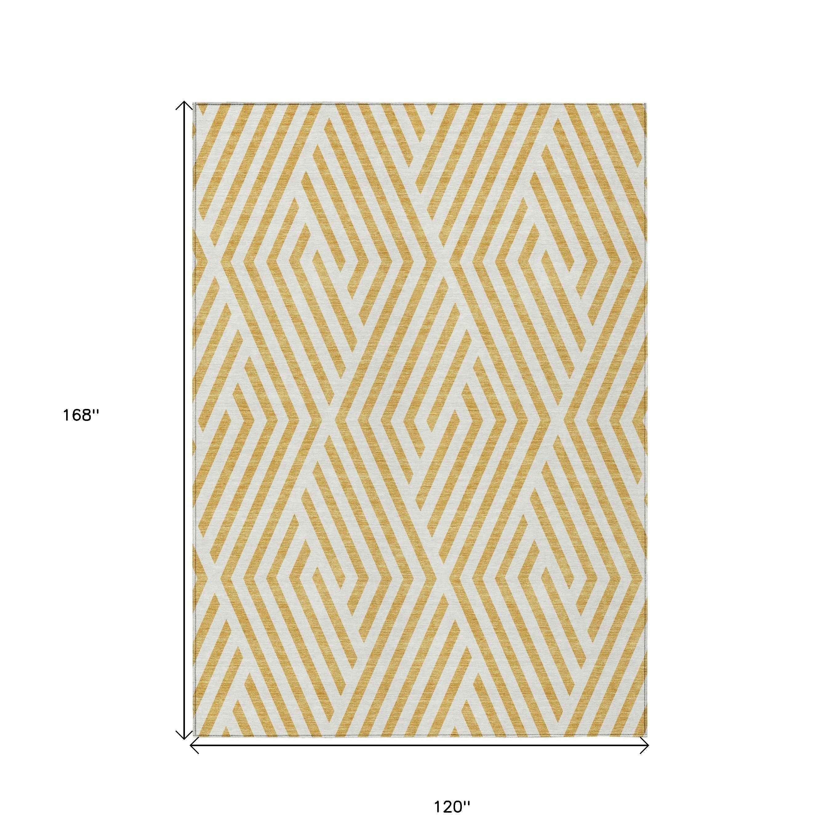 10' X 14' Gold and White Geometric Washable Non Skid Indoor Outdoor Area Rug