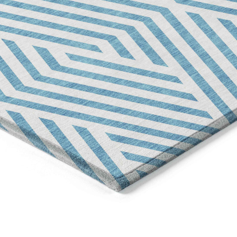 9' X 12' Teal and White Geometric Washable Non Skid Indoor Outdoor Area Rug