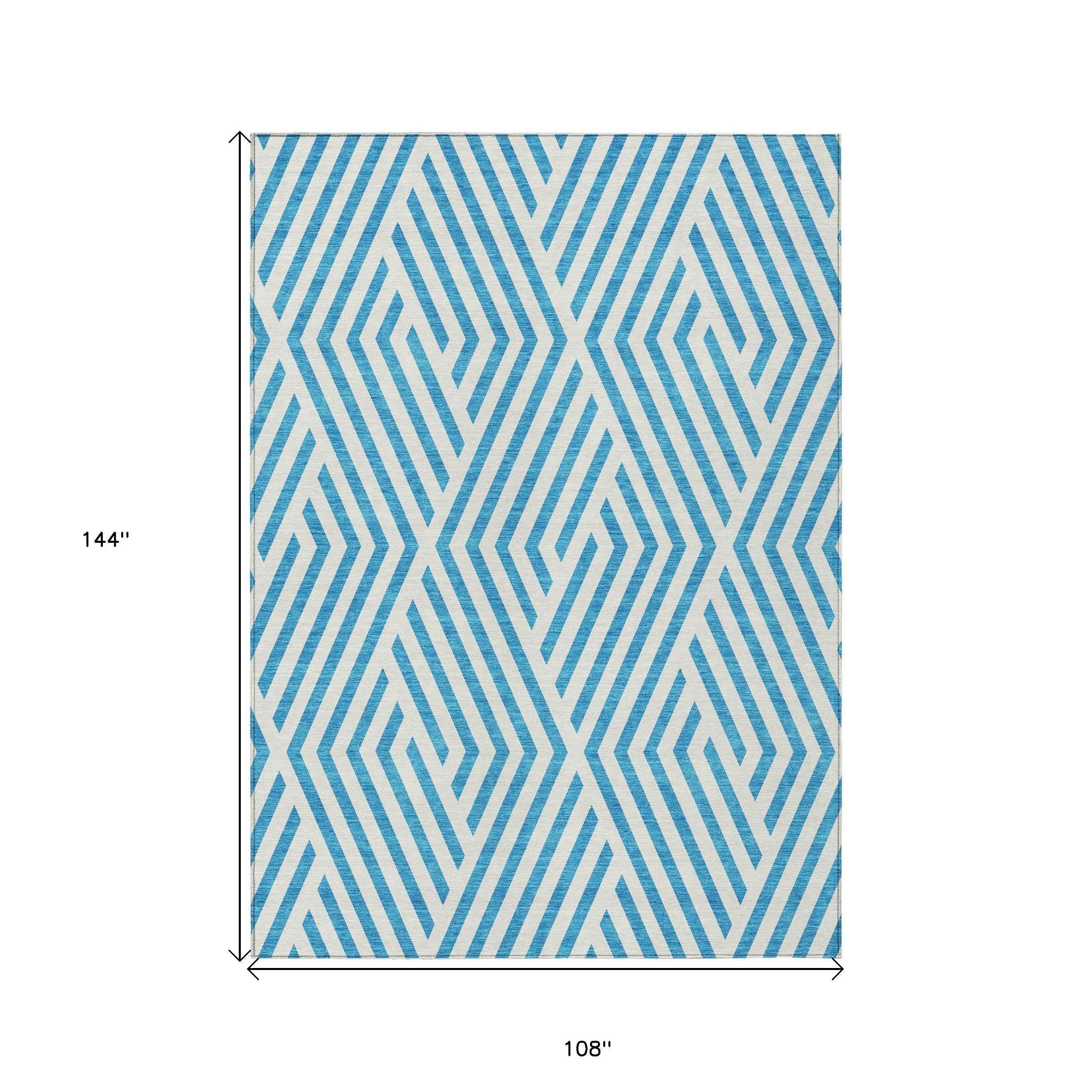 9' X 12' Teal and White Geometric Washable Non Skid Indoor Outdoor Area Rug