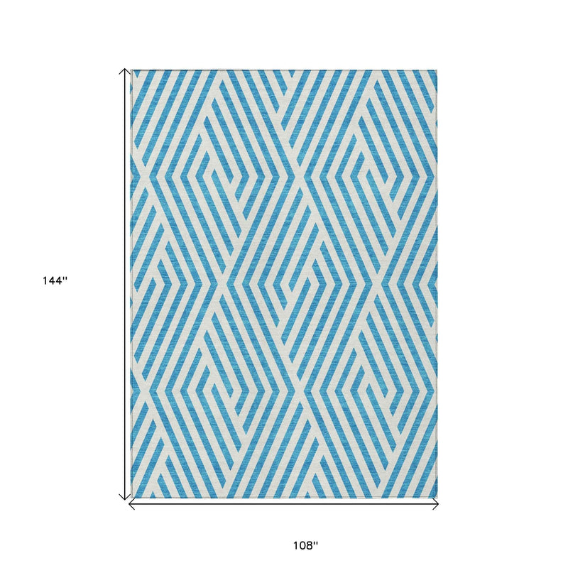 9' X 12' Teal and White Geometric Washable Non Skid Indoor Outdoor Area Rug