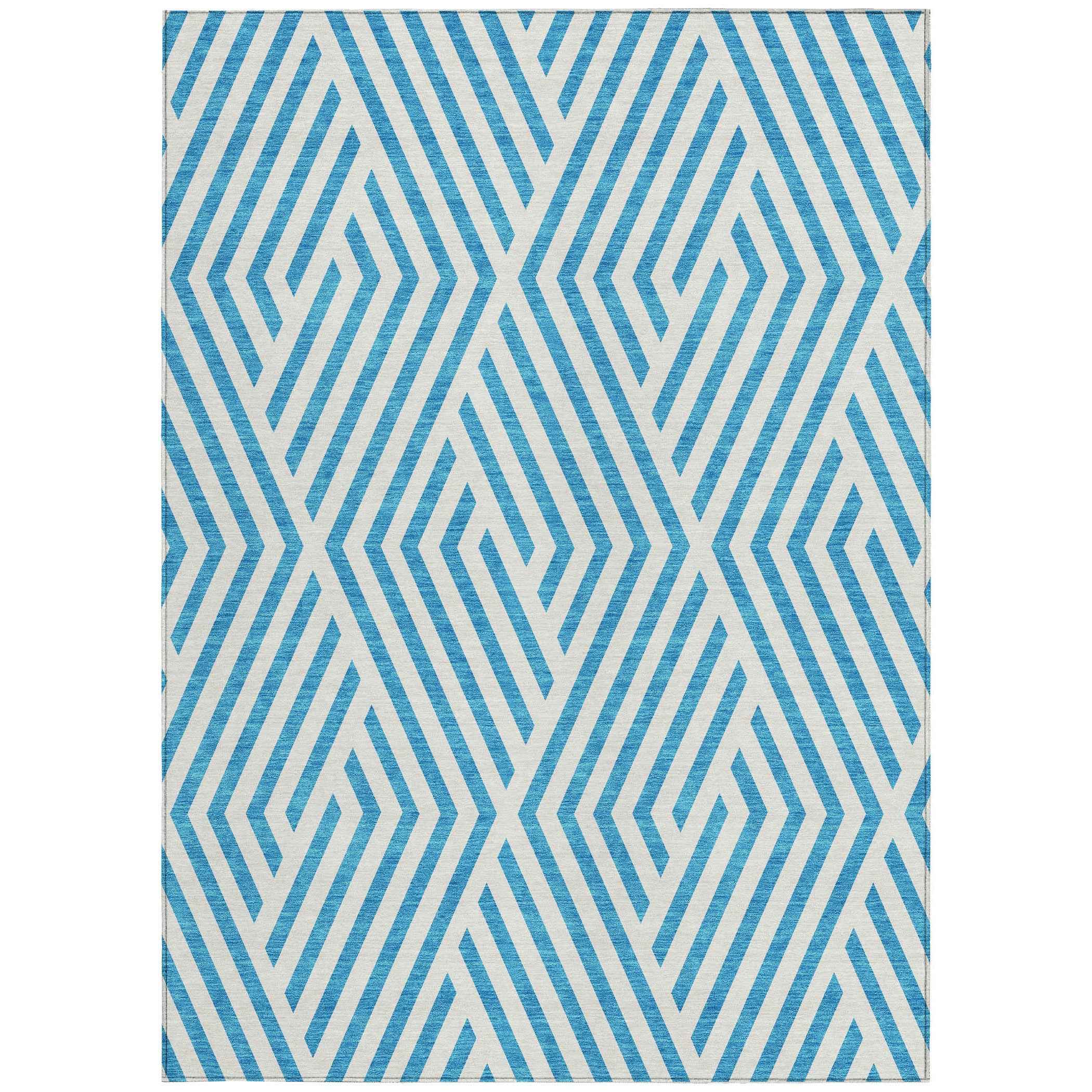 9' X 12' Teal and White Geometric Washable Non Skid Indoor Outdoor Area Rug