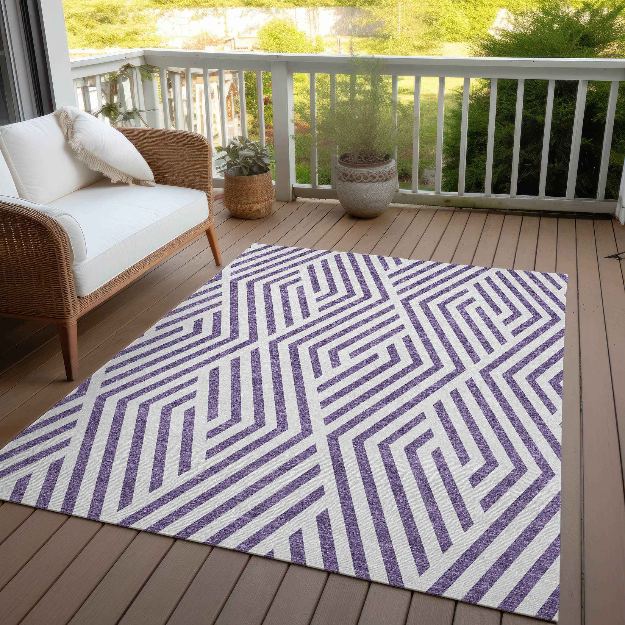 8' X 10' Purple and White Geometric Washable Non Skid Indoor Outdoor Area Rug
