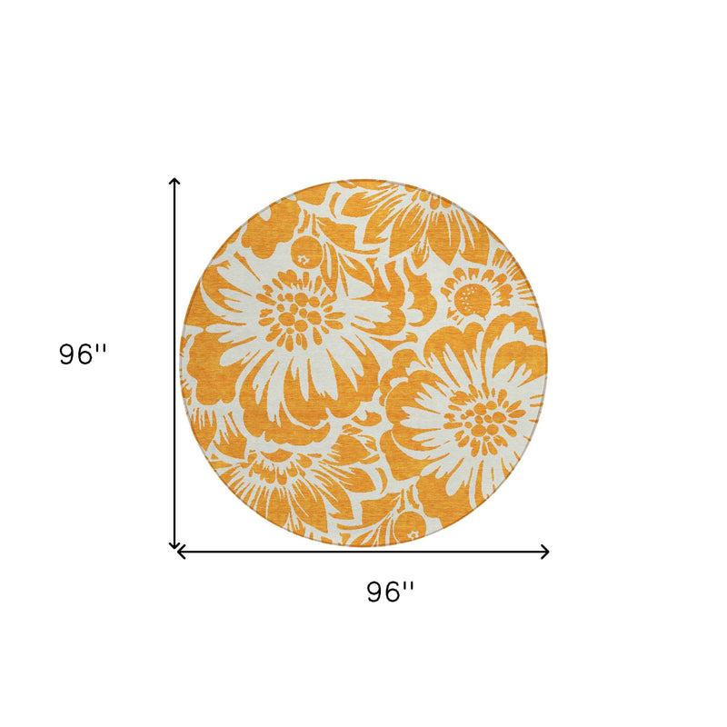 8' Round Orange and White Round Floral Washable Non Skid Indoor Outdoor Area Rug