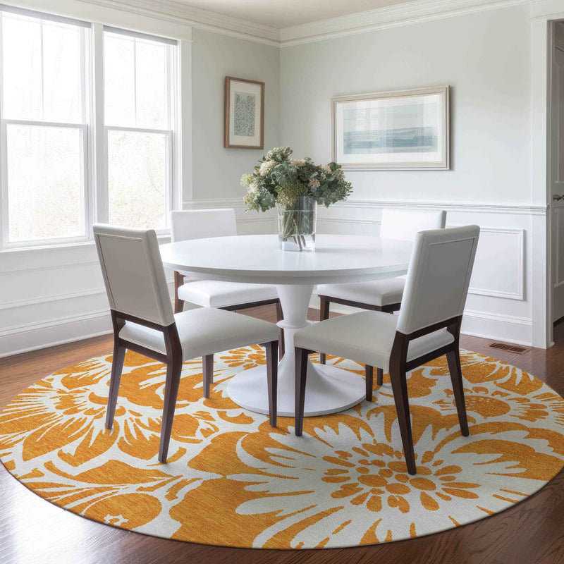 8' Round Orange and White Round Floral Washable Non Skid Indoor Outdoor Area Rug