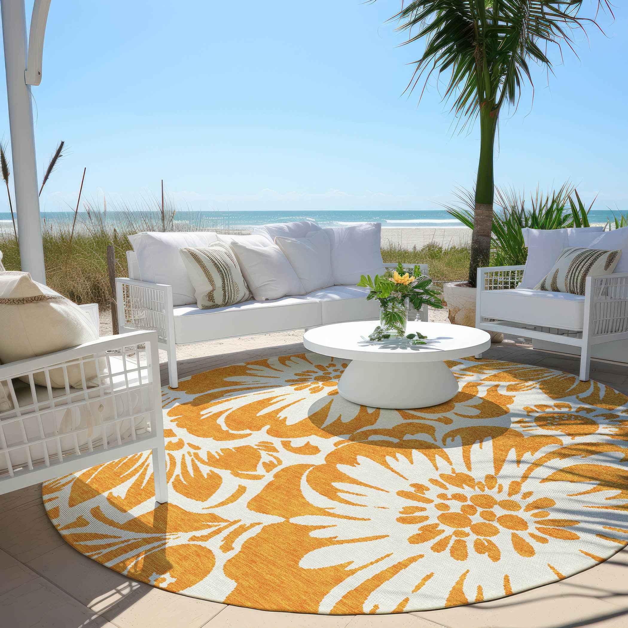 8' Round Orange and White Round Floral Washable Non Skid Indoor Outdoor Area Rug