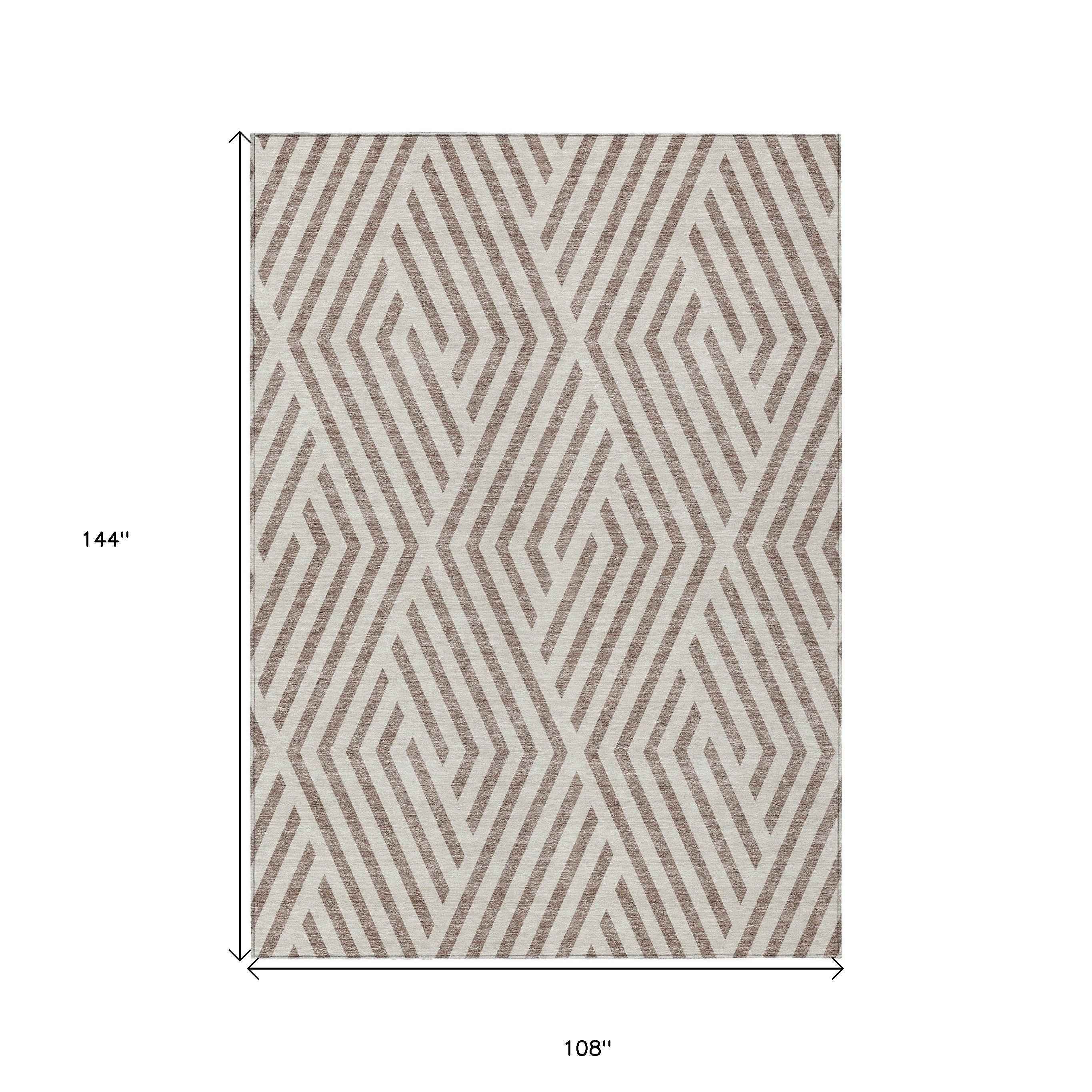 9' X 12' Taupe and Ivory Geometric Washable Non Skid Indoor Outdoor Area Rug