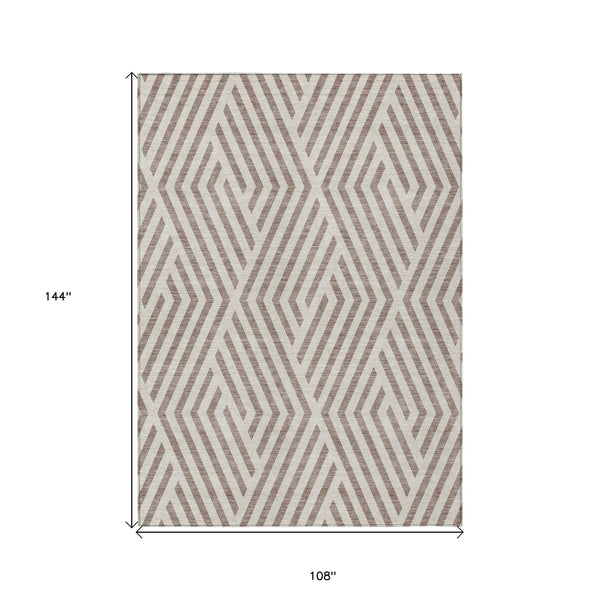 9' X 12' Taupe and Ivory Geometric Washable Non Skid Indoor Outdoor Area Rug