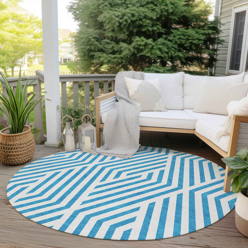 8' Round Teal and White Round Geometric Washable Non Skid Indoor Outdoor Area Rug