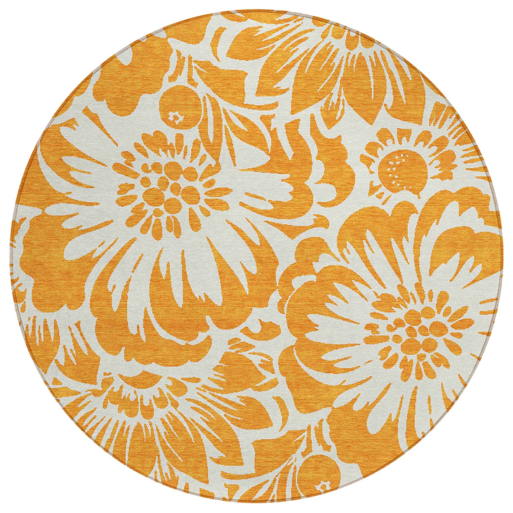 8' Round Orange and White Round Floral Washable Non Skid Indoor Outdoor Area Rug