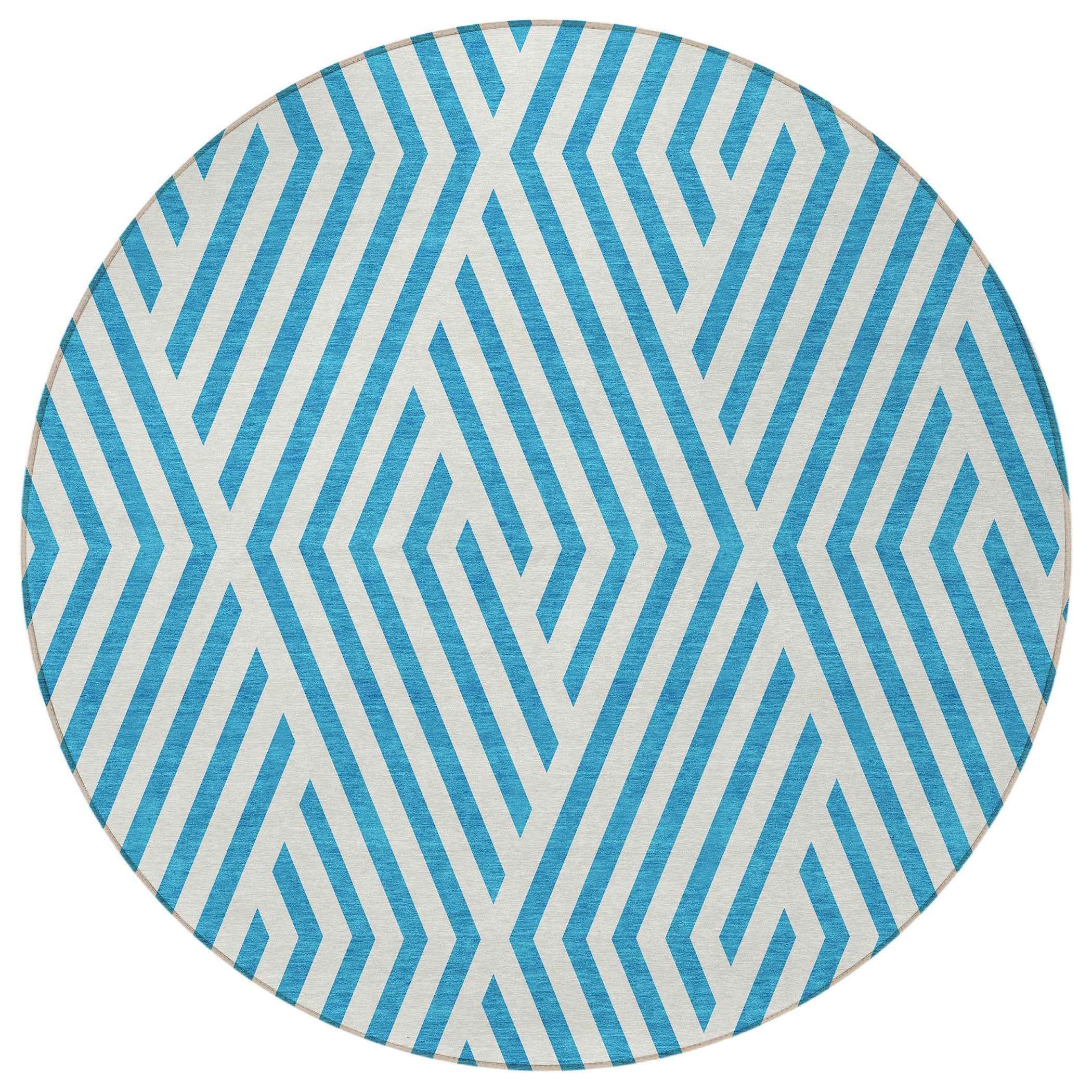 8' Round Teal and White Round Geometric Washable Non Skid Indoor Outdoor Area Rug