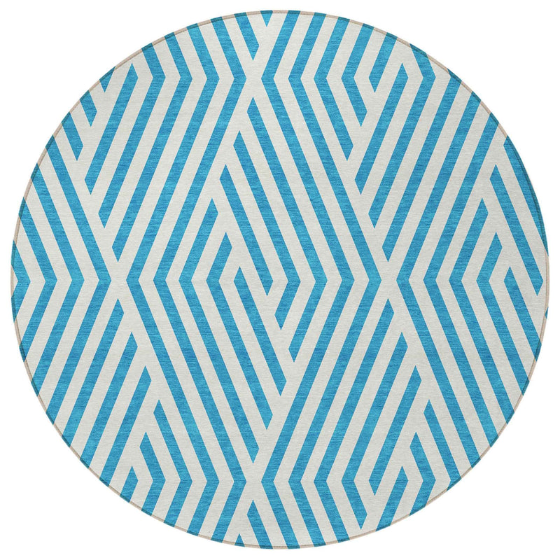 8' Round Teal and White Round Geometric Washable Non Skid Indoor Outdoor Area Rug