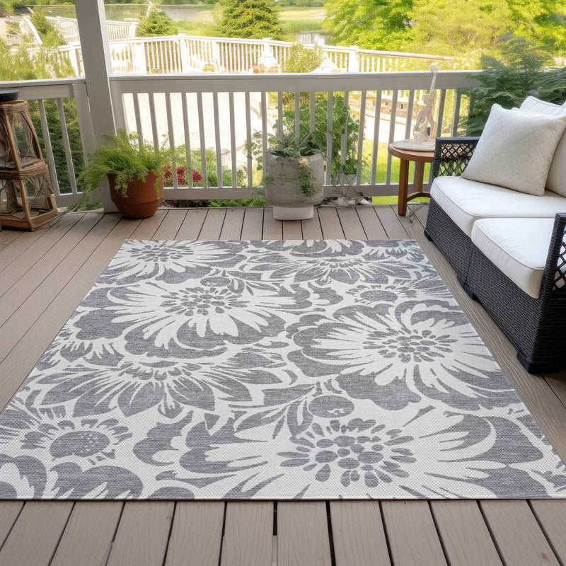 8' X 10' Gray and Ivory Floral Washable Non Skid Indoor Outdoor Area Rug