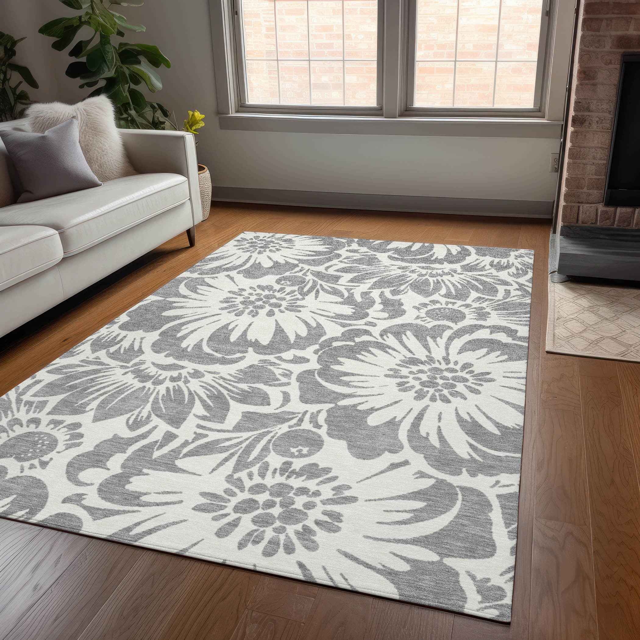 8' X 10' Gray and Ivory Floral Washable Non Skid Indoor Outdoor Area Rug