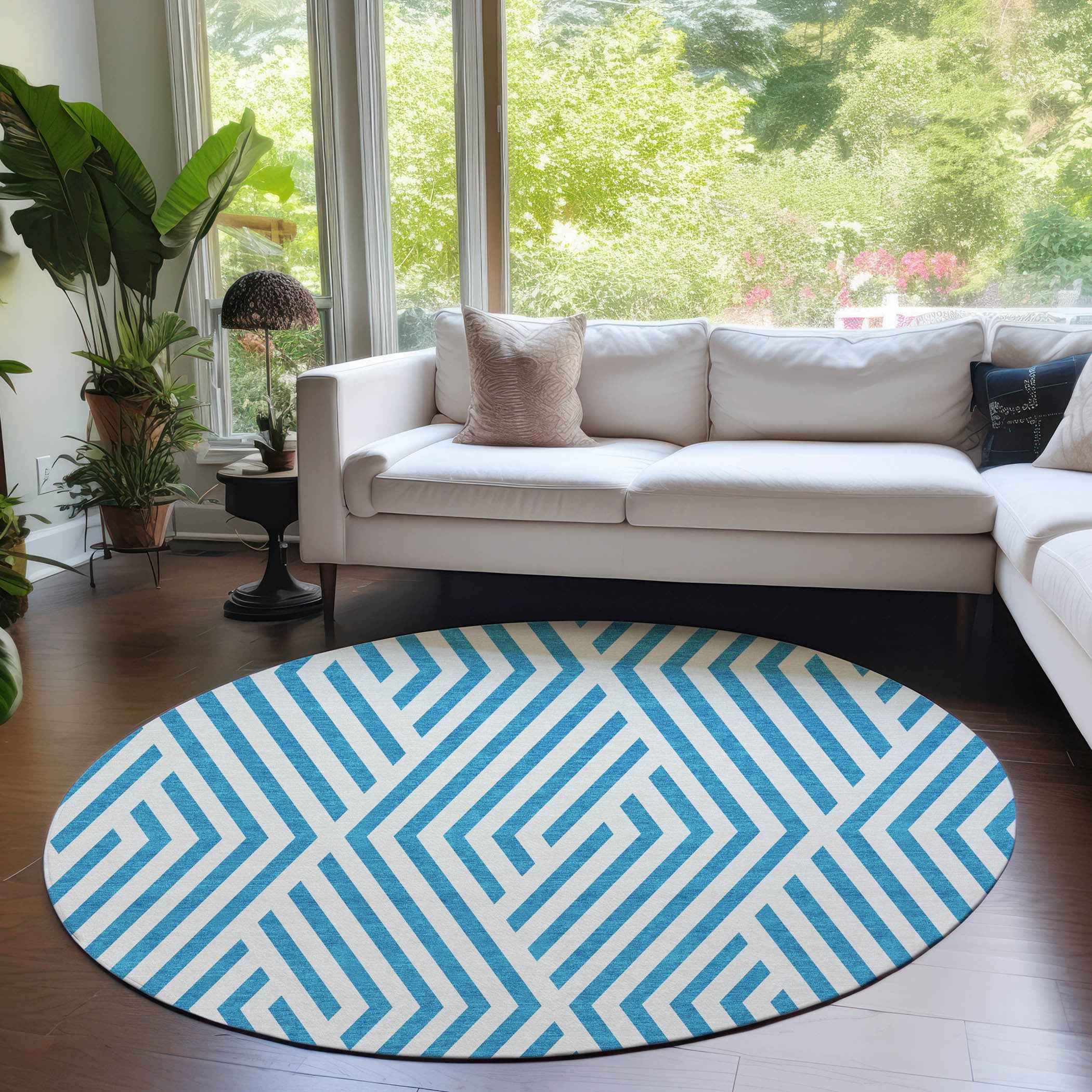 8' Round Teal and White Round Geometric Washable Non Skid Indoor Outdoor Area Rug