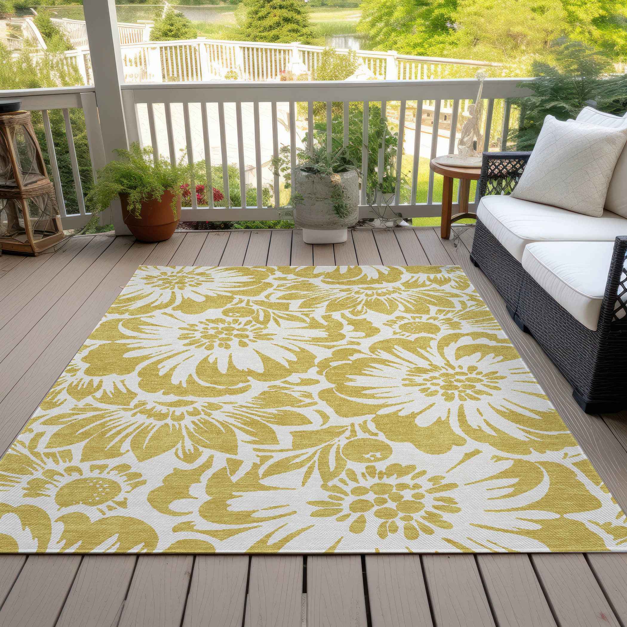 3' X 5' Gold and White Floral Washable Non Skid Indoor Outdoor Area Rug