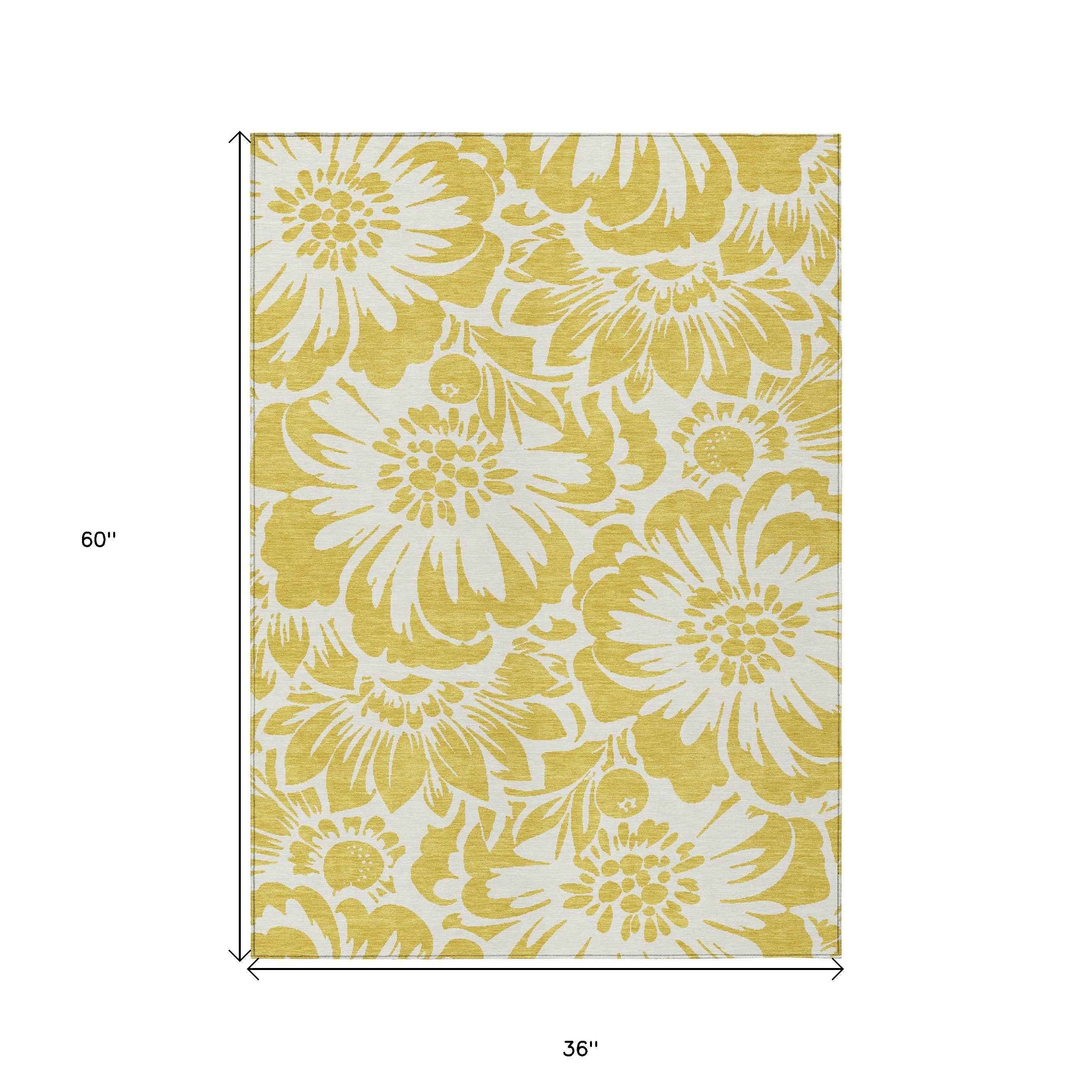 3' X 5' Gold and White Floral Washable Non Skid Indoor Outdoor Area Rug