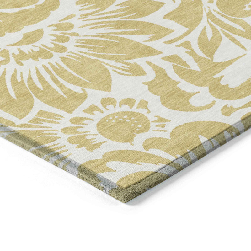 3' X 5' Gold and White Floral Washable Non Skid Indoor Outdoor Area Rug