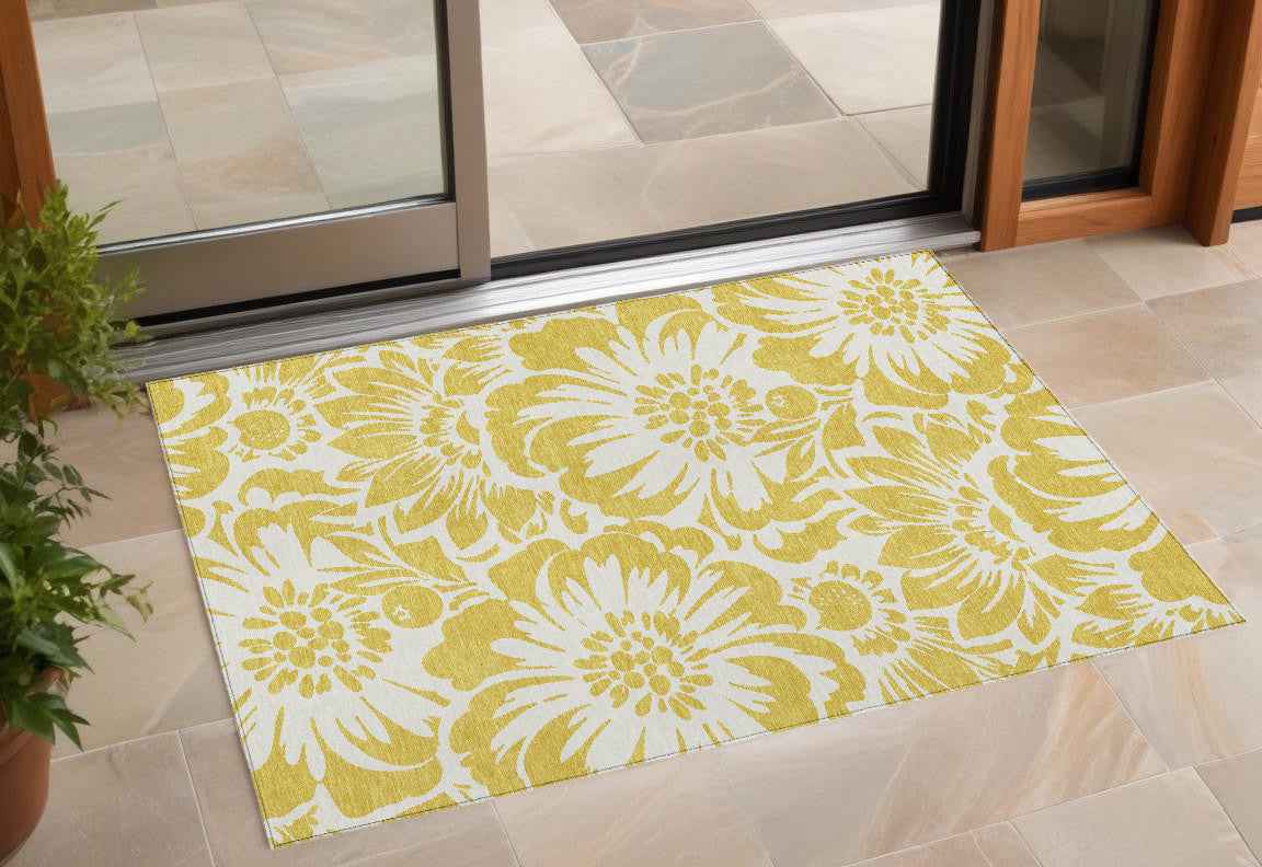 3' X 5' Gold and White Floral Washable Non Skid Indoor Outdoor Area Rug