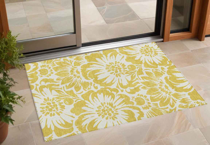 3' X 5' Gold and White Floral Washable Non Skid Indoor Outdoor Area Rug