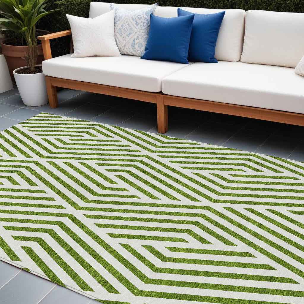 8' X 10' Lime Green and White Geometric Washable Non Skid Indoor Outdoor Area Rug