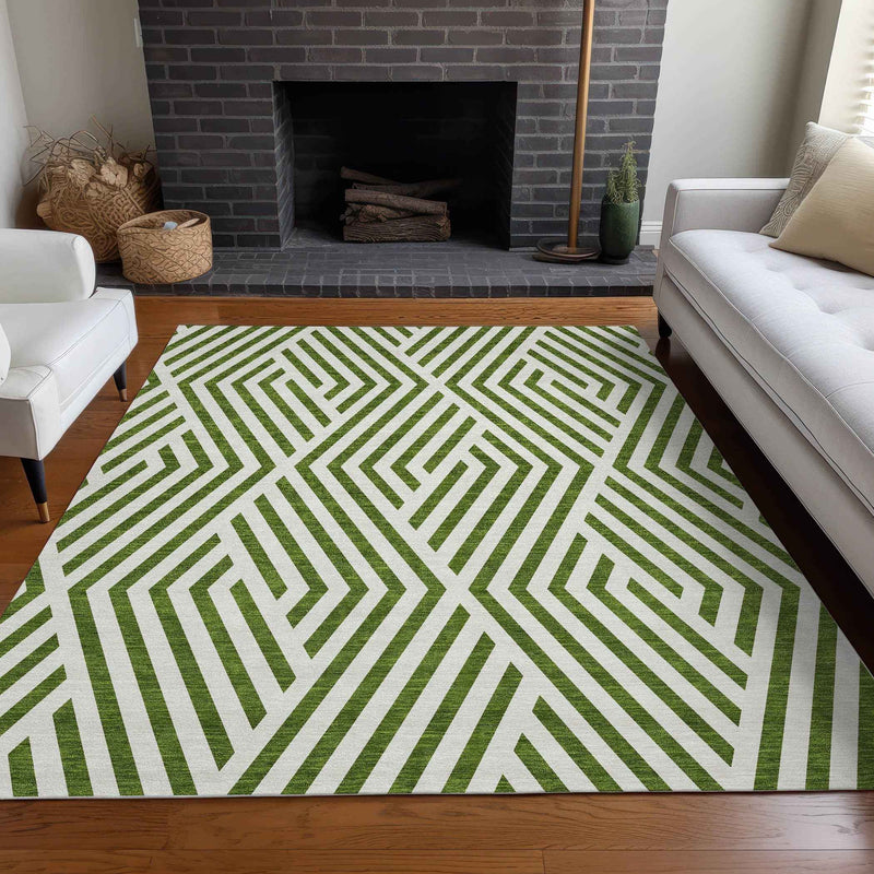 8' X 10' Lime Green and White Geometric Washable Non Skid Indoor Outdoor Area Rug