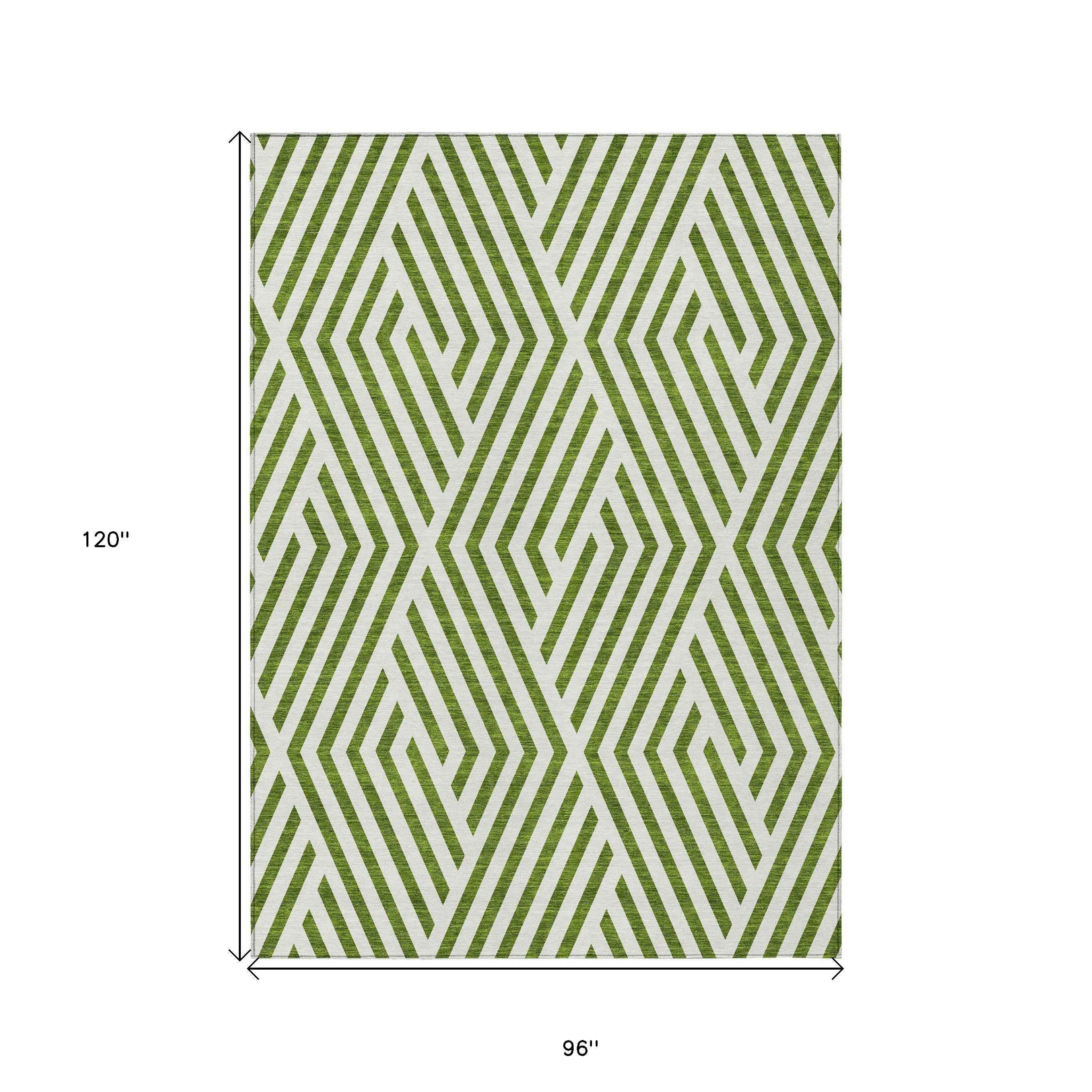 8' X 10' Lime Green and White Geometric Washable Non Skid Indoor Outdoor Area Rug