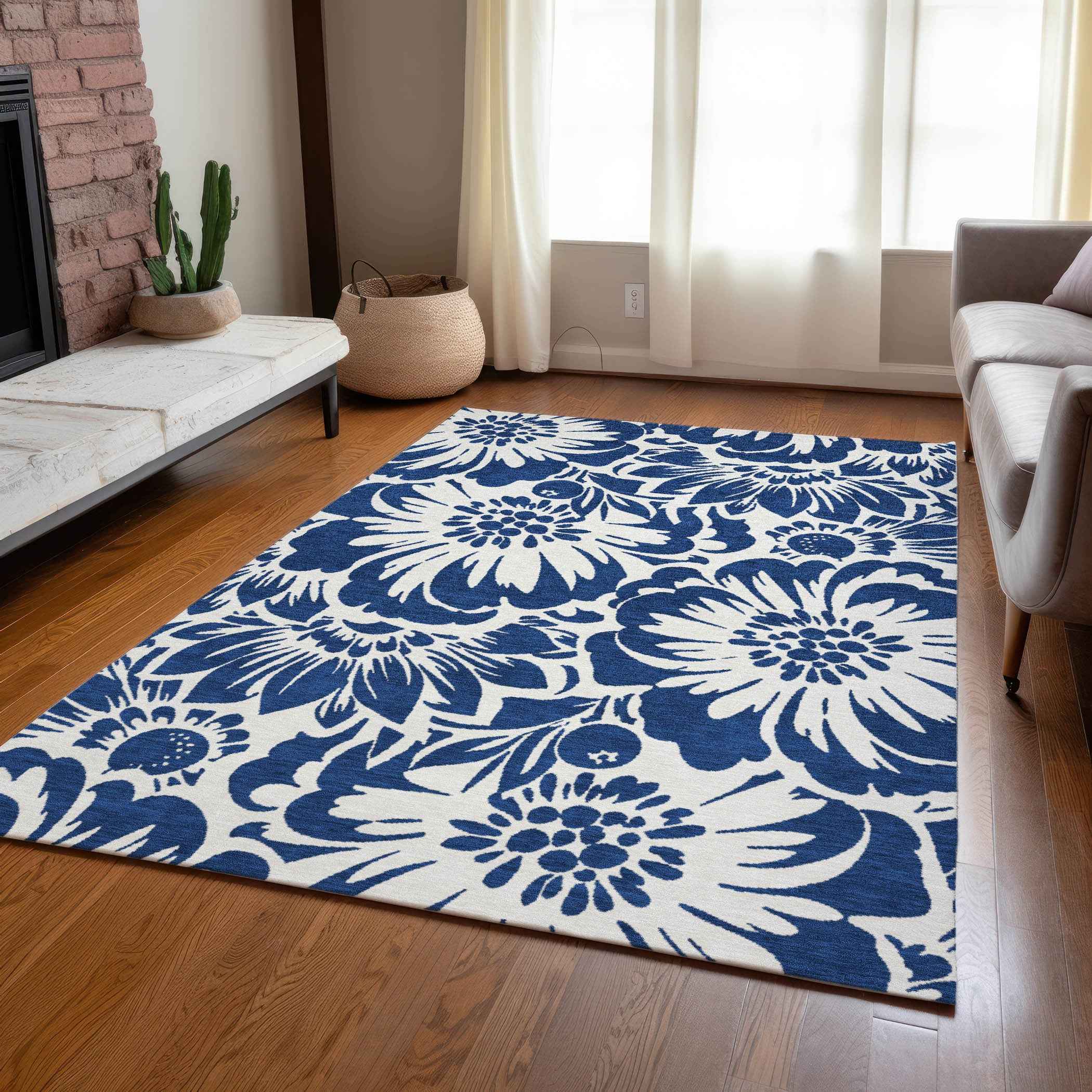 5' X 8' Navy and Ivory Floral Washable Non Skid Indoor Outdoor Area Rug