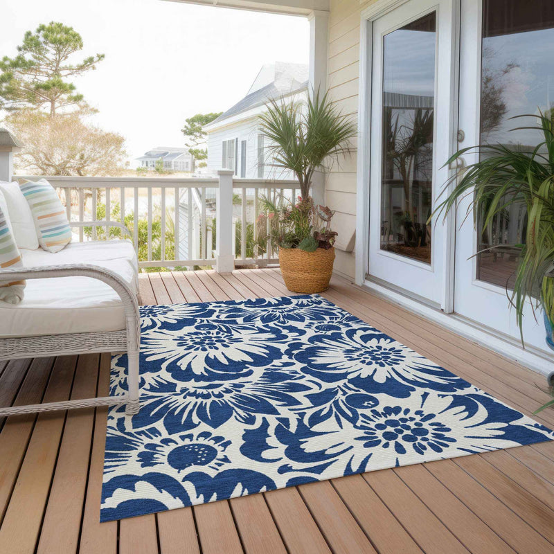 5' X 8' Navy and Ivory Floral Washable Non Skid Indoor Outdoor Area Rug