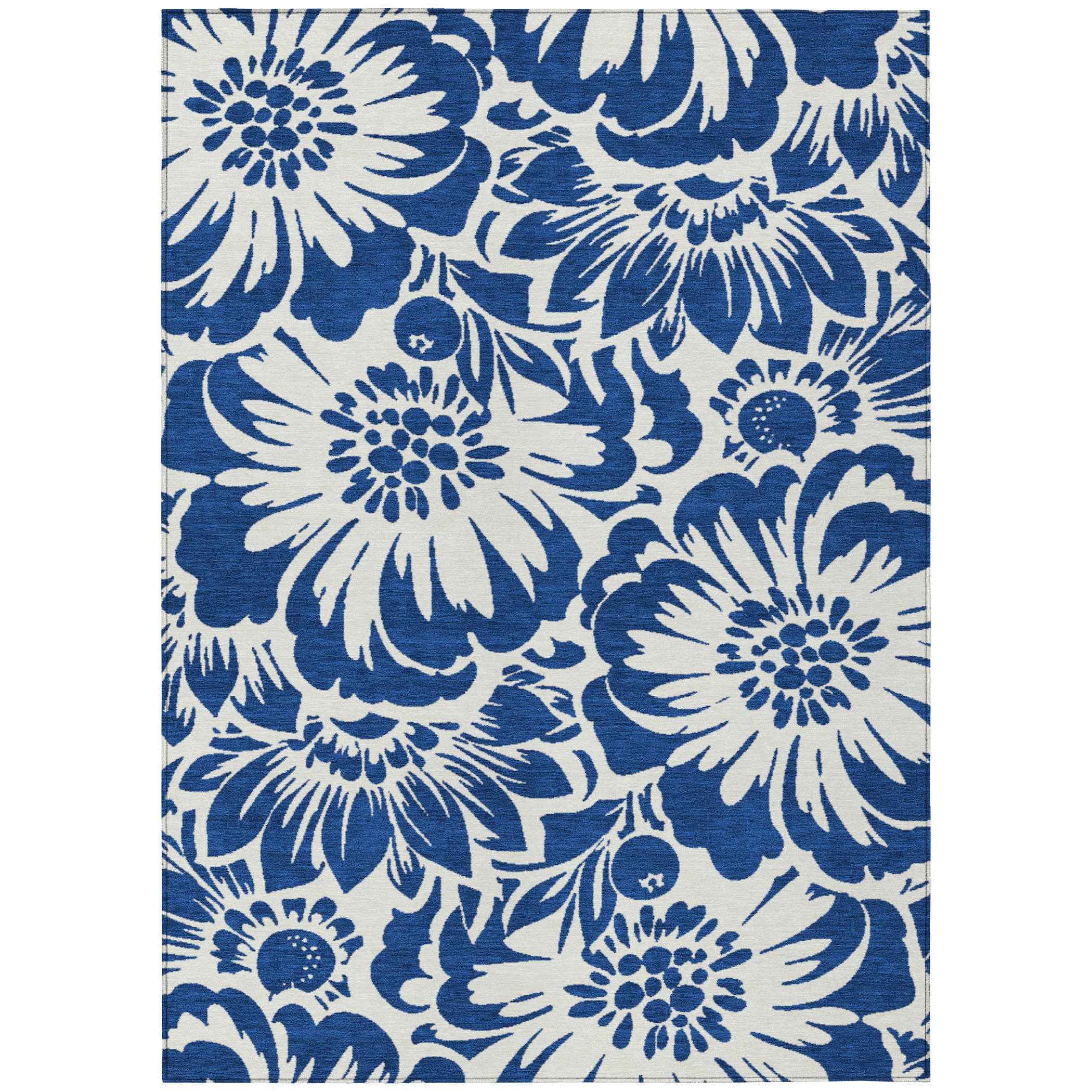 5' X 8' Navy and Ivory Floral Washable Non Skid Indoor Outdoor Area Rug