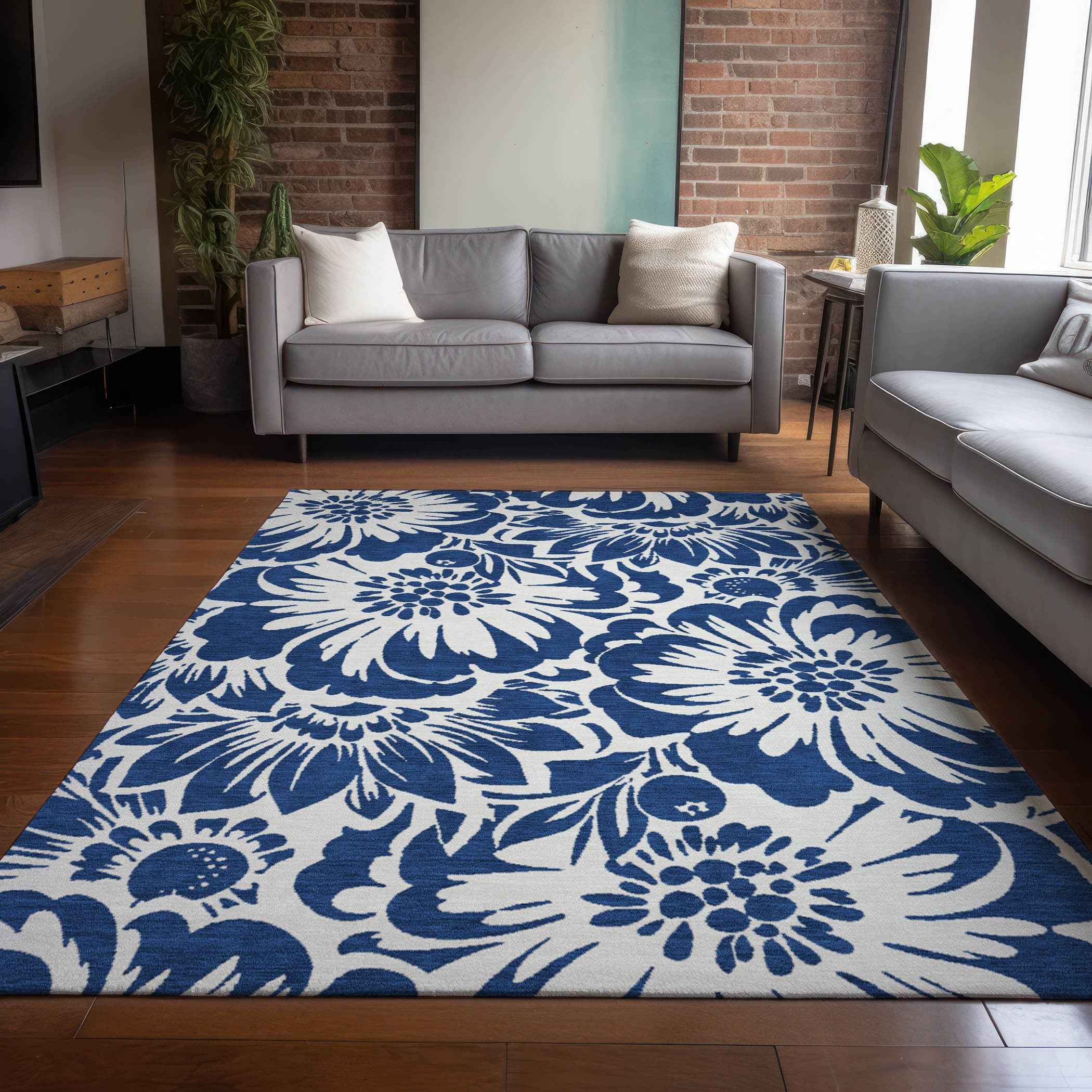 5' X 8' Navy and Ivory Floral Washable Non Skid Indoor Outdoor Area Rug
