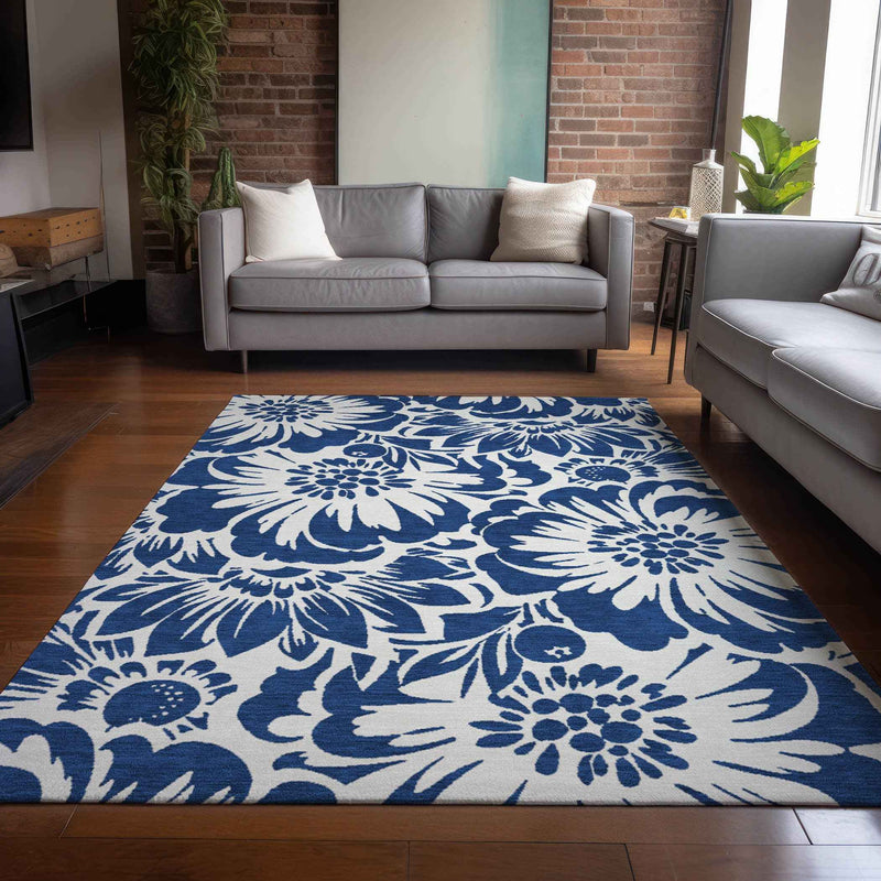 5' X 8' Navy and Ivory Floral Washable Non Skid Indoor Outdoor Area Rug