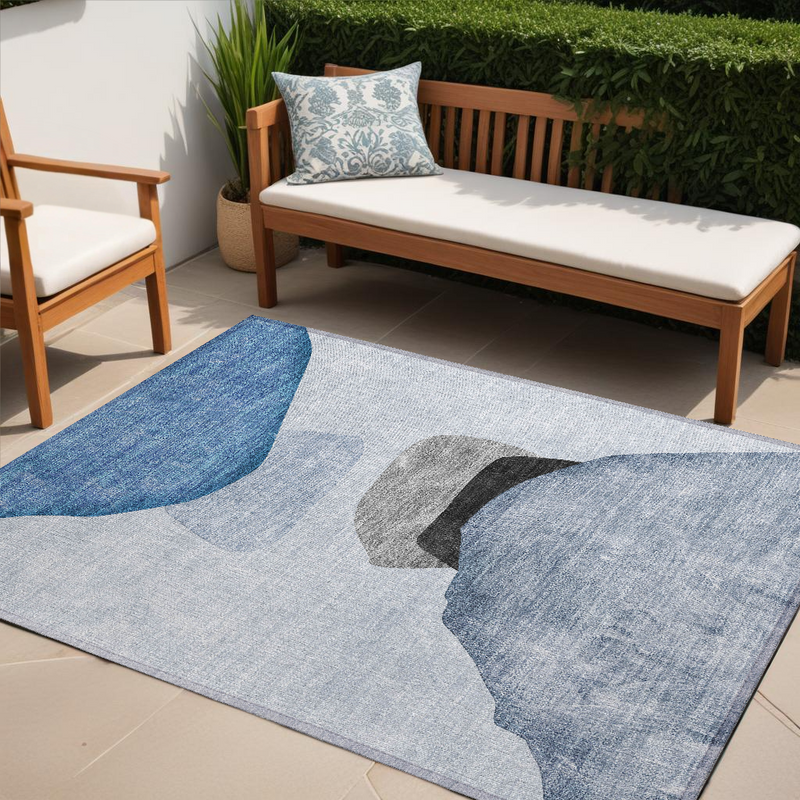 5' X 8' Blue Gray and Black Abstract Washable Non Skid Indoor Outdoor Area Rug