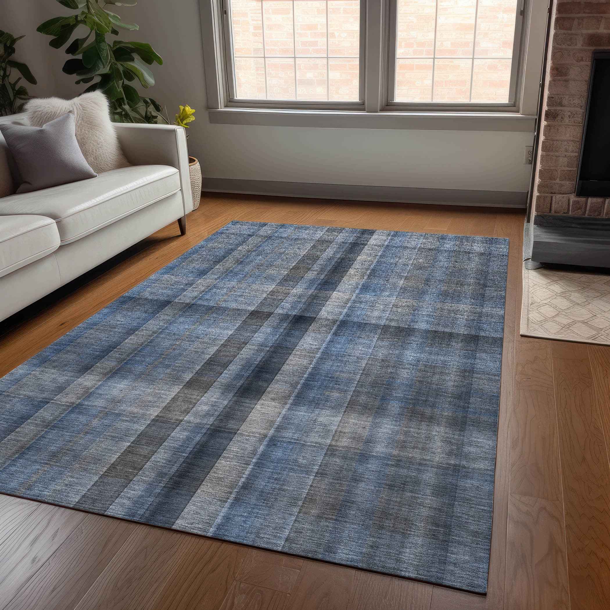5' X 8' Blue Plaid Washable Non Skid Indoor Outdoor Area Rug