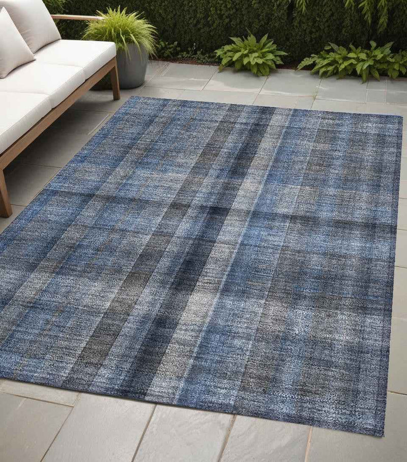 5' X 8' Blue Plaid Washable Non Skid Indoor Outdoor Area Rug