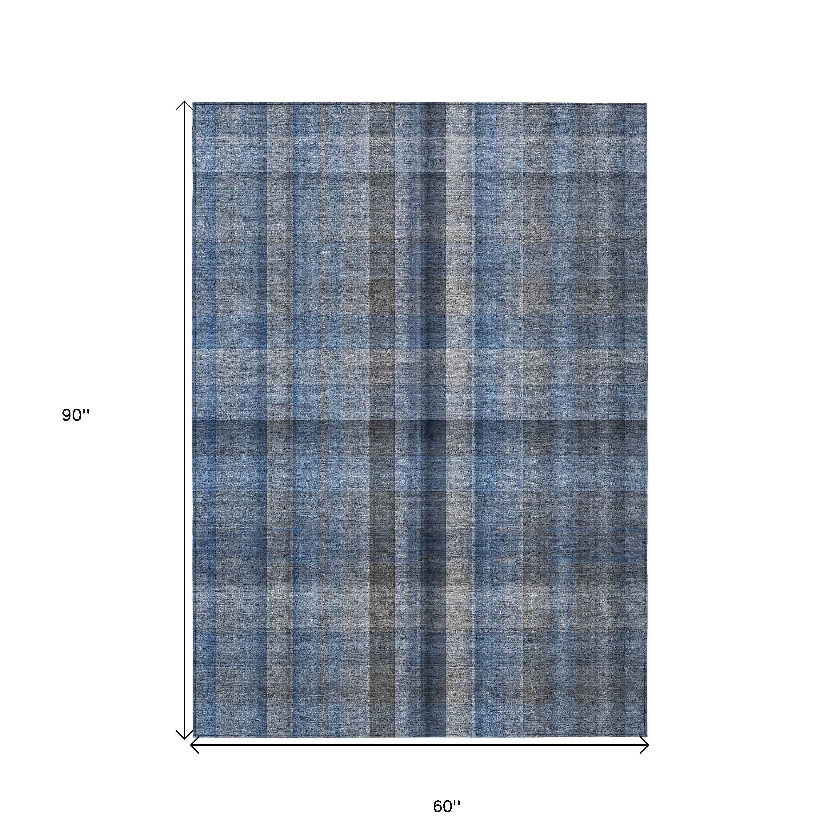 5' X 8' Blue Plaid Washable Non Skid Indoor Outdoor Area Rug