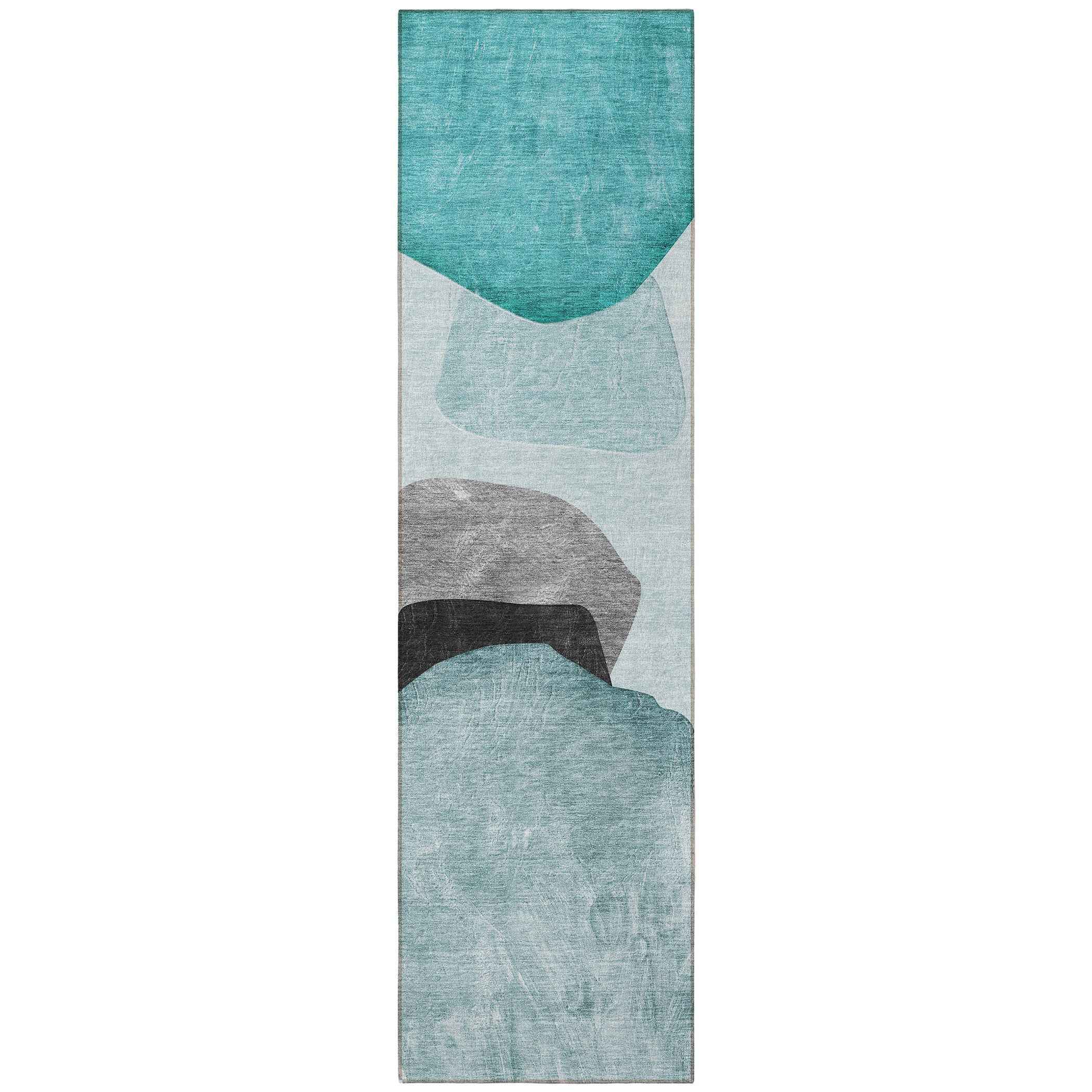 8' Runner Ivory Teal and Gray Abstract Washable Non Skid Indoor Outdoor Runner Rug