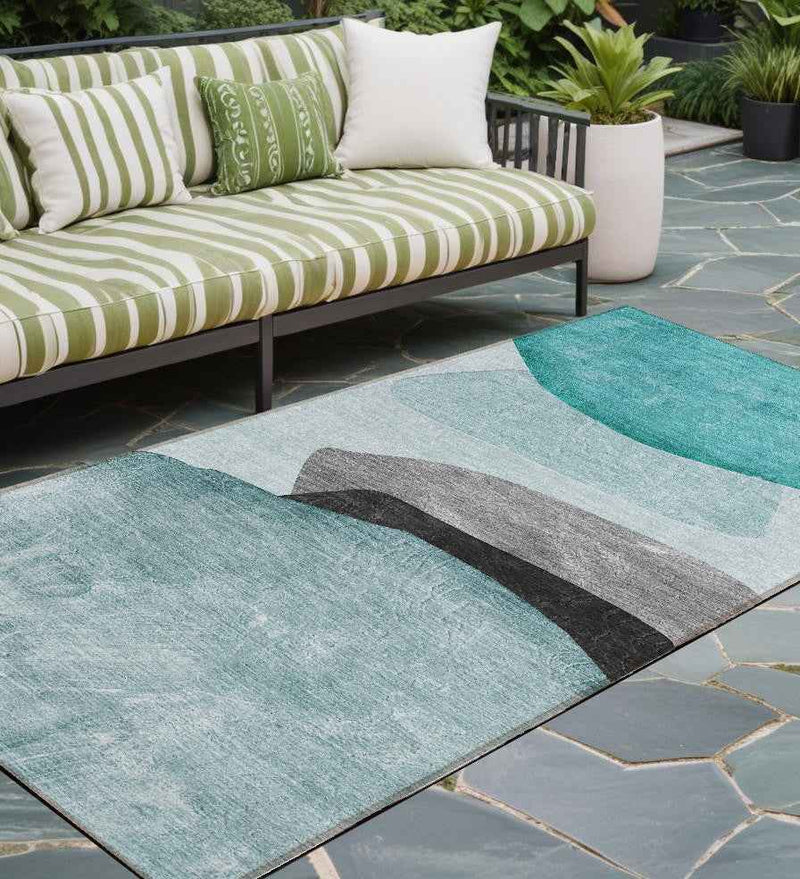8' Runner Ivory Teal and Gray Abstract Washable Non Skid Indoor Outdoor Runner Rug