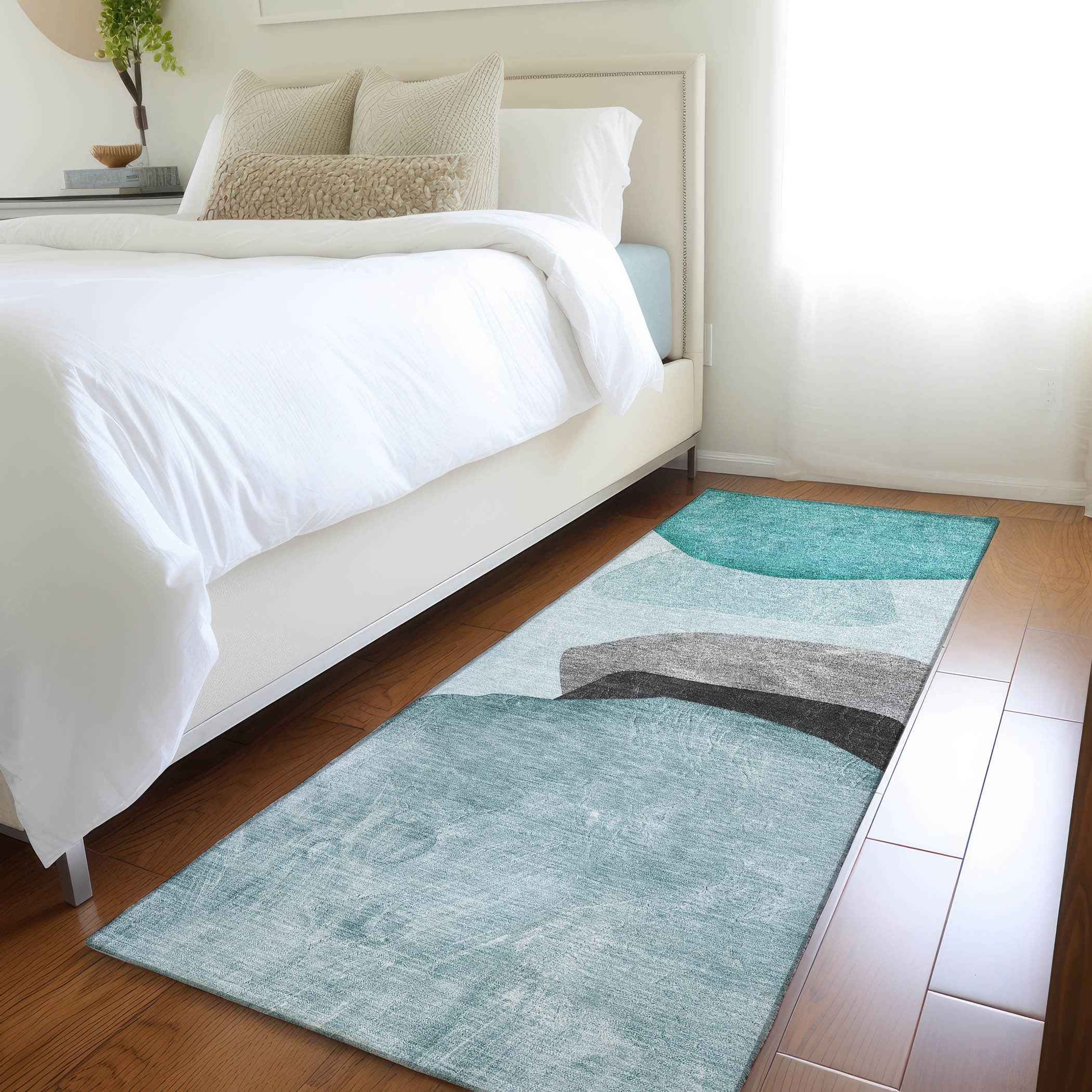 8' Runner Ivory Teal and Gray Abstract Washable Non Skid Indoor Outdoor Runner Rug