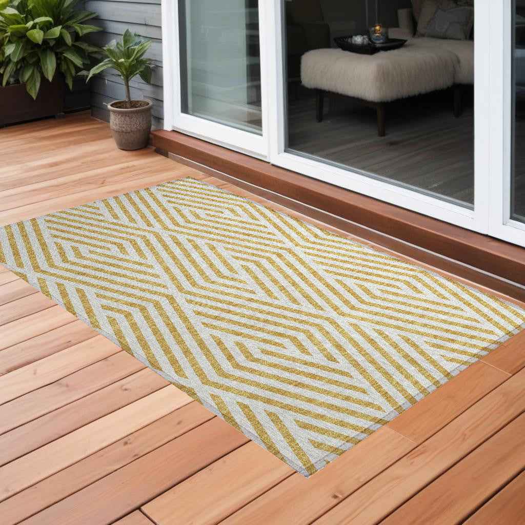 3' X 5' Gold and White Geometric Washable Non Skid Indoor Outdoor Area Rug