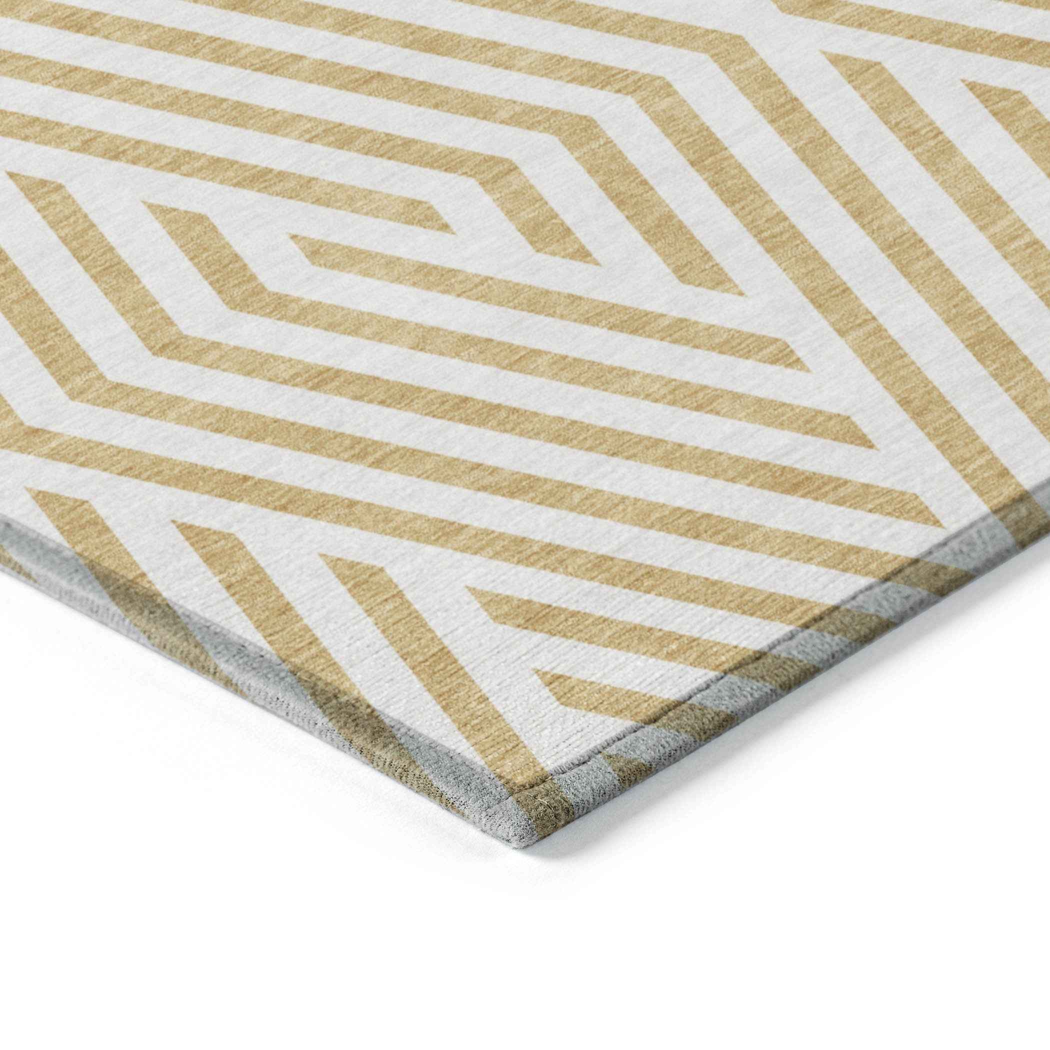 3' X 5' Gold and White Geometric Washable Non Skid Indoor Outdoor Area Rug