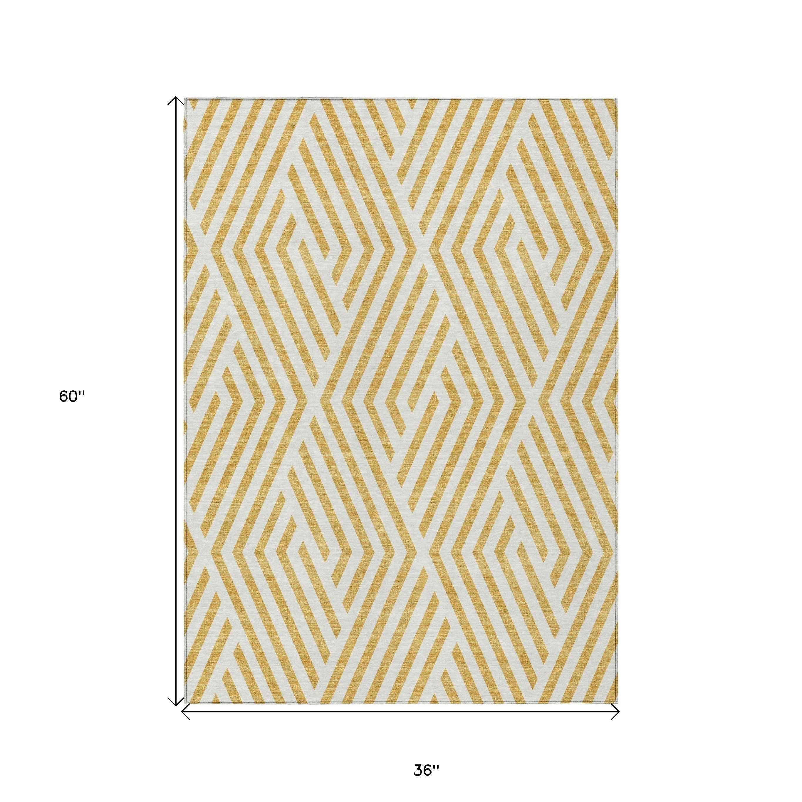 3' X 5' Gold and White Geometric Washable Non Skid Indoor Outdoor Area Rug