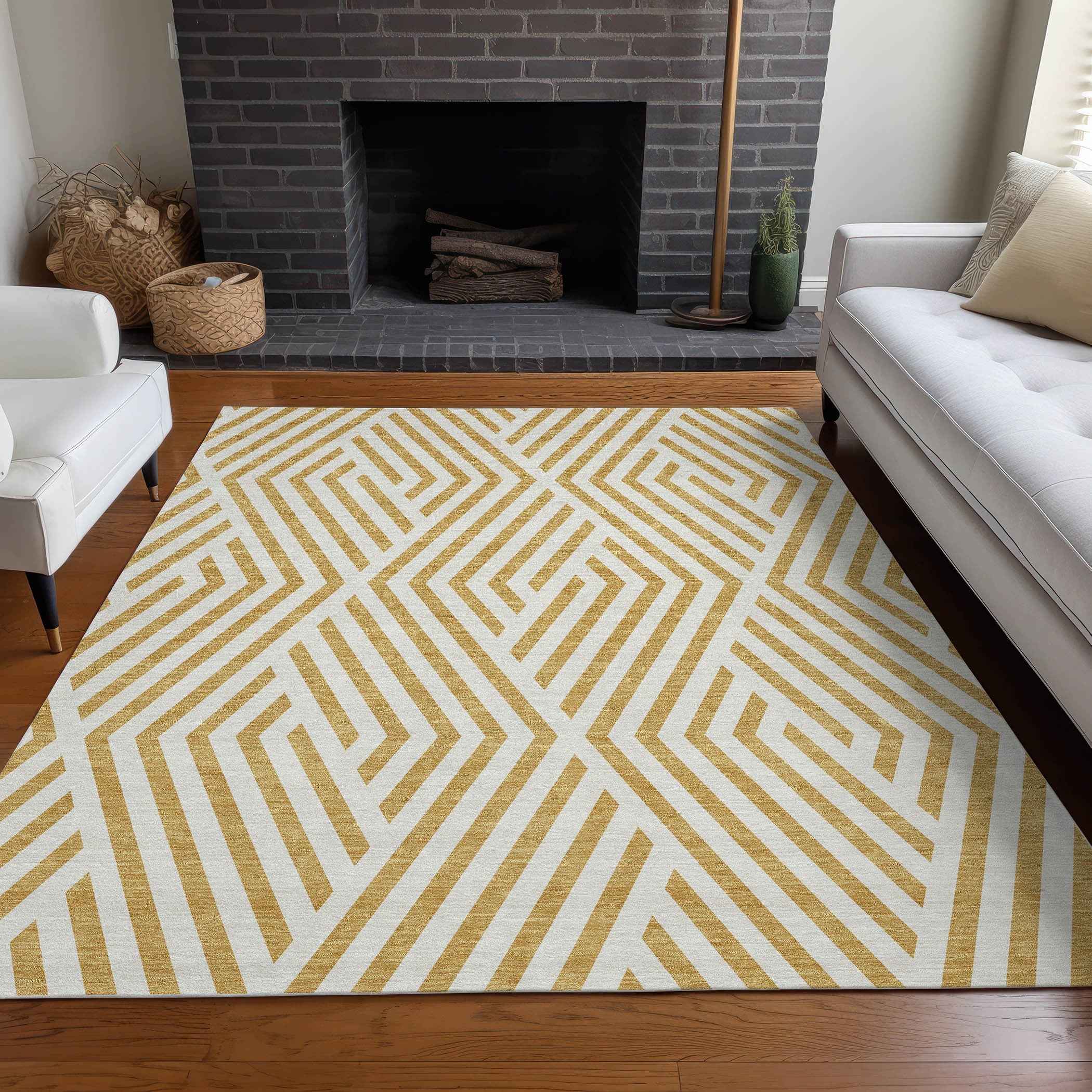 3' X 5' Gold and White Geometric Washable Non Skid Indoor Outdoor Area Rug