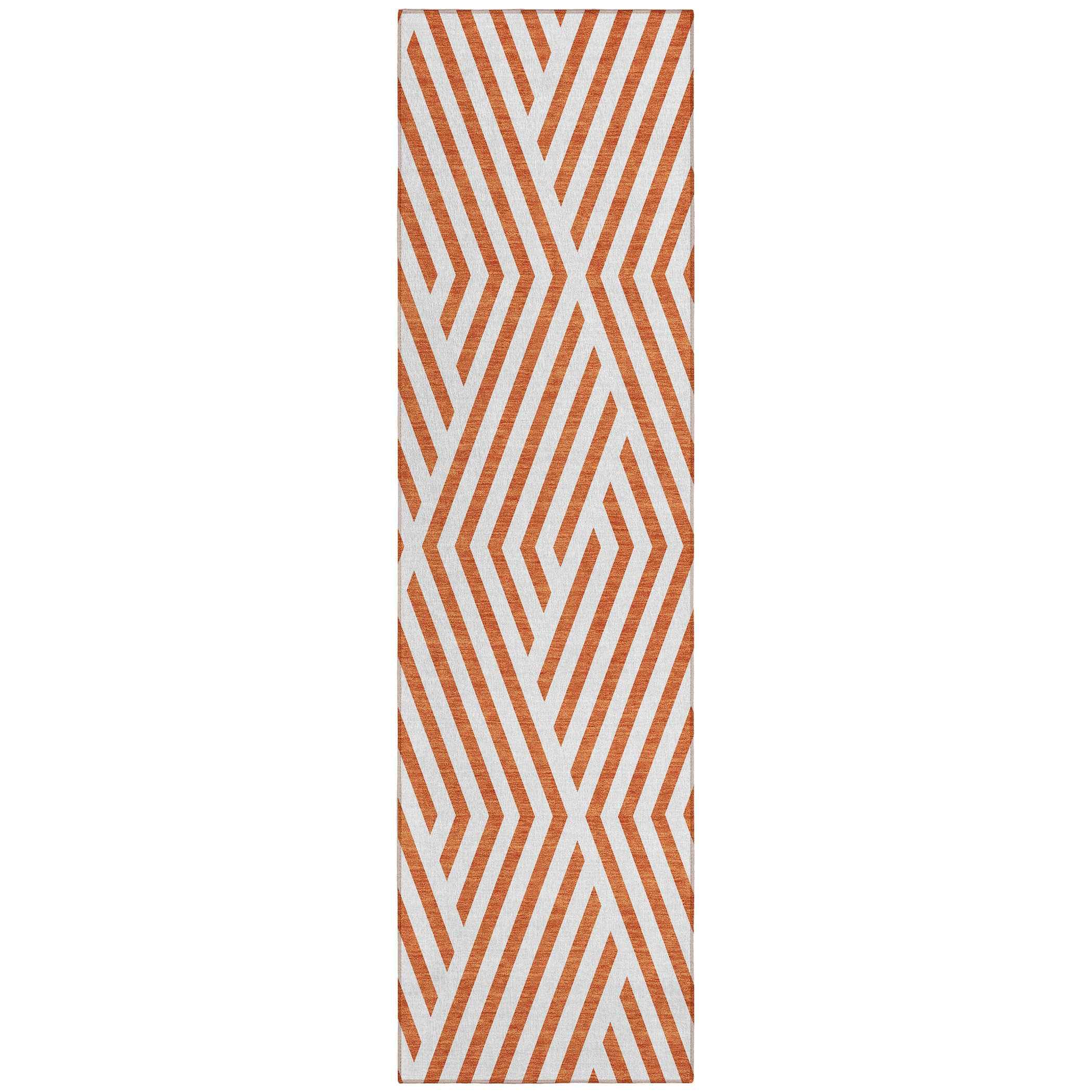 2' X 8' Orange and White Geometric Washable Non Skid Indoor Outdoor Runner Rug