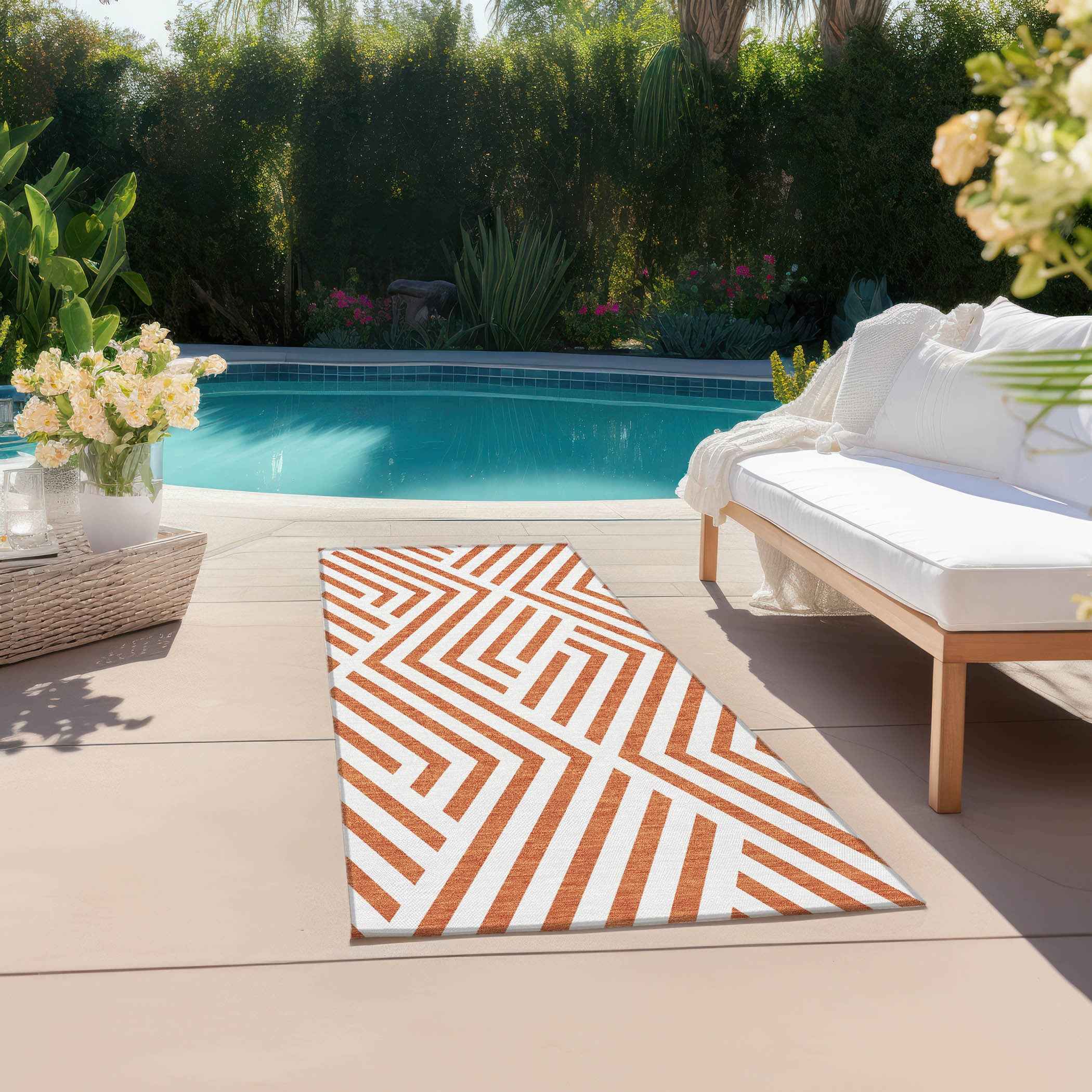 2' X 8' Orange and White Geometric Washable Non Skid Indoor Outdoor Runner Rug